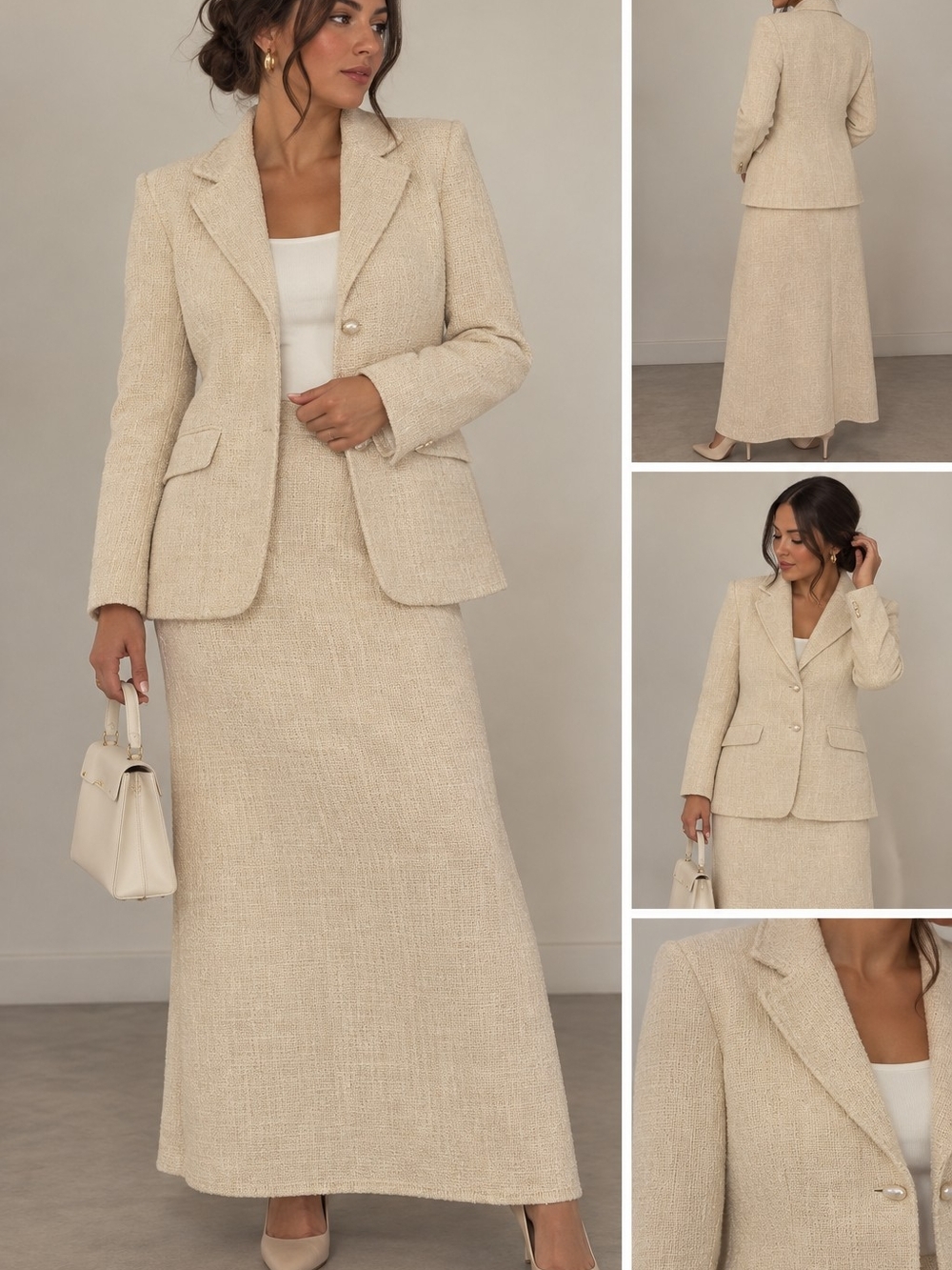 ZARA Cream Tweed 2-Piece Set – Blazer + Maxi Skirt – Size S
